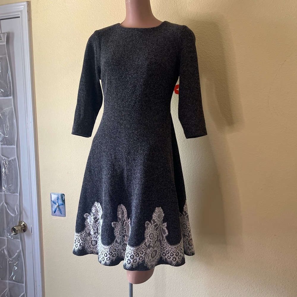 Beige by eci Charcoal and Cream Long Sleeve Dress